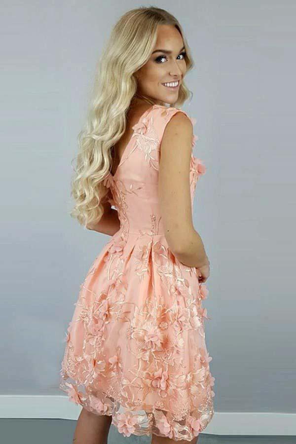 A-Line Bateau  Coral Satin Homecoming Dress with Appliques Flowers PD112 - Image 2