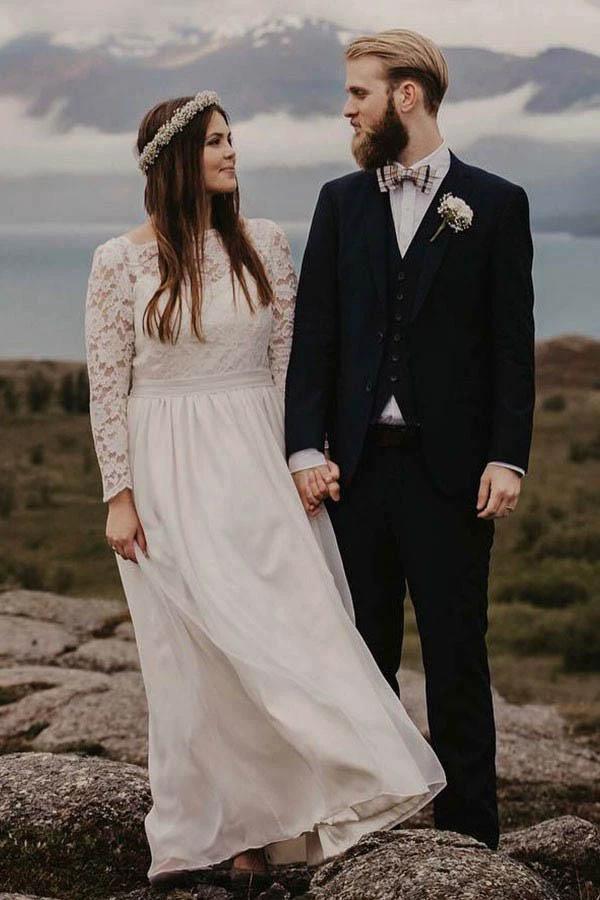 A-Line Bateau Floor Length Chiffon Wedding Dress with Long Sleeves  WD319 - Image 2