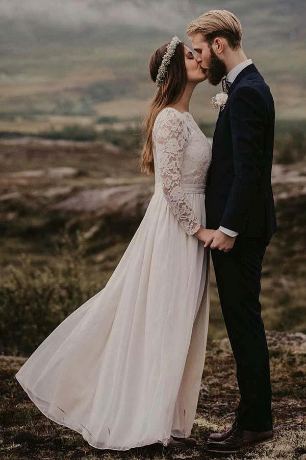 A-Line Bateau Floor Length Chiffon Wedding Dress with Long Sleeves  WD319 - Image 4