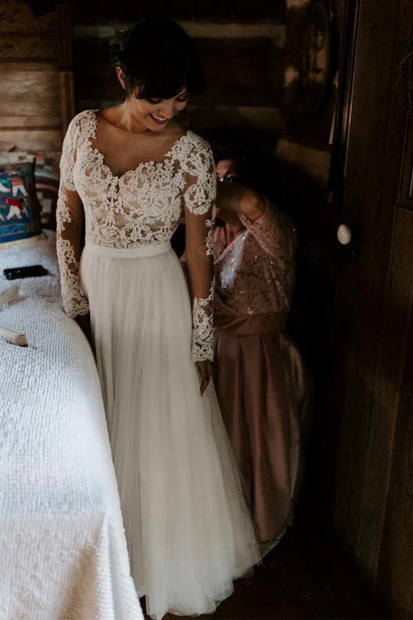 A Line Bateau Long Sleeve Rustic Lace Wedding Dresses Bridal Dress WD522 - Image 2