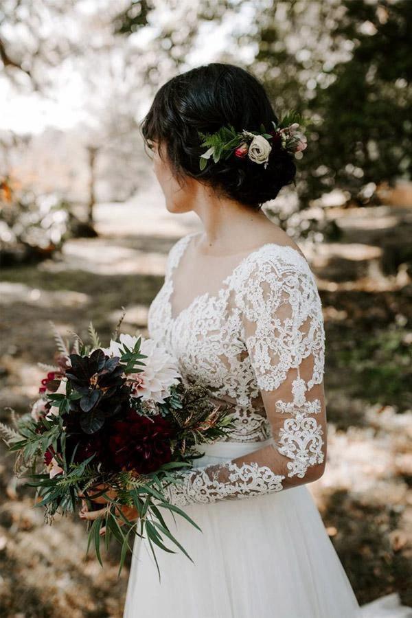 A Line Bateau Long Sleeve Rustic Lace Wedding Dresses Bridal Dress WD522 - Image 3