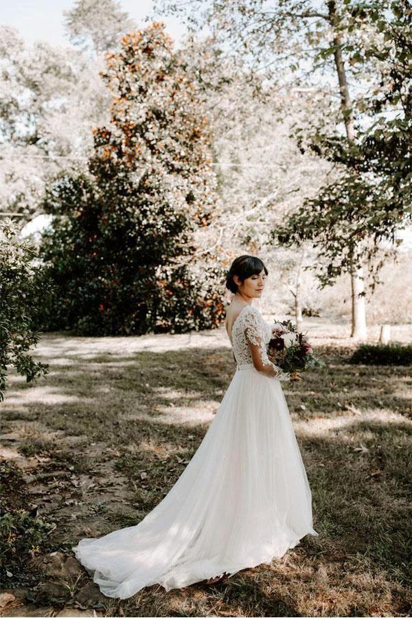 A Line Bateau Long Sleeve Rustic Lace Wedding Dresses Bridal Dress WD522 - Image 6