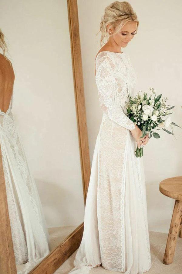 A-Line Bateau Long Sleeves Backless Chiffon Wedding Dress with Lace  WD365 - Image 2