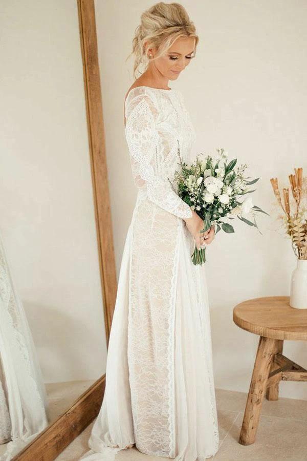 Sheath Bateau Long Sleeves Backless Chiffon Wedding Dress with Lace WD400 - Image 2
