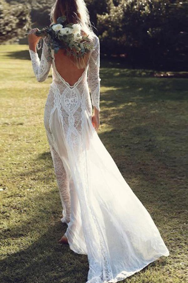 Sheath Bateau Long Sleeves Backless Chiffon Wedding Dress with Lace WD400 - Image 3