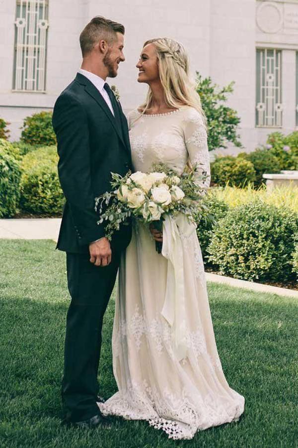 A-Line Bateau Long Sleeves Ivory Tulle Wedding Dress with Appliques  WD399 - Image 2