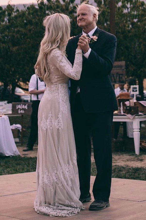 A-Line Bateau Long Sleeves Ivory Tulle Wedding Dress with Appliques  WD399 - Image 3