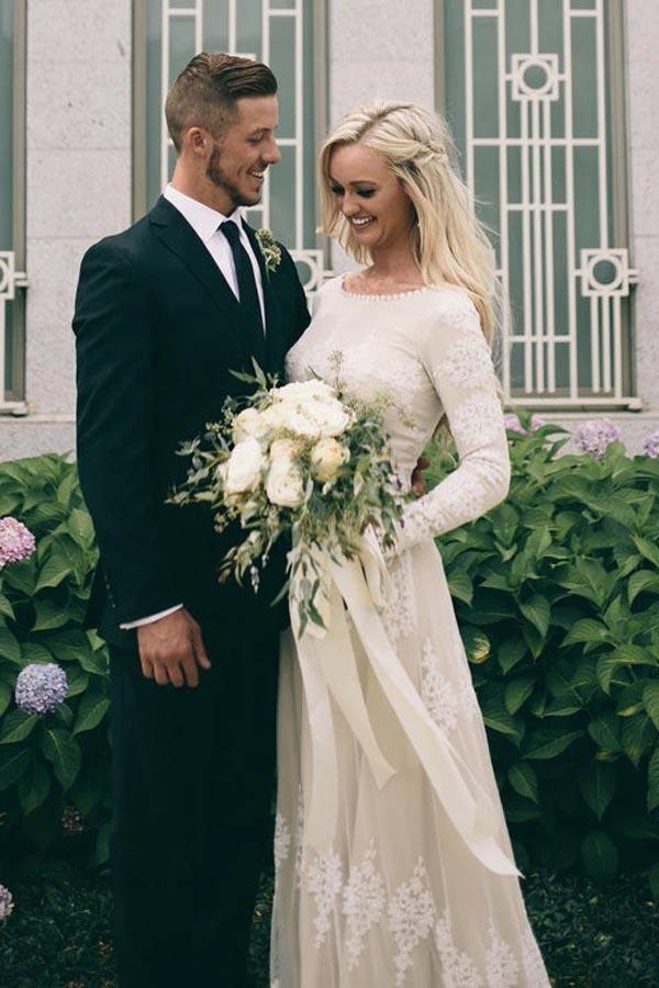 A-Line Bateau Long Sleeves Ivory Tulle Wedding Dress with Appliques  WD399 - Image 4