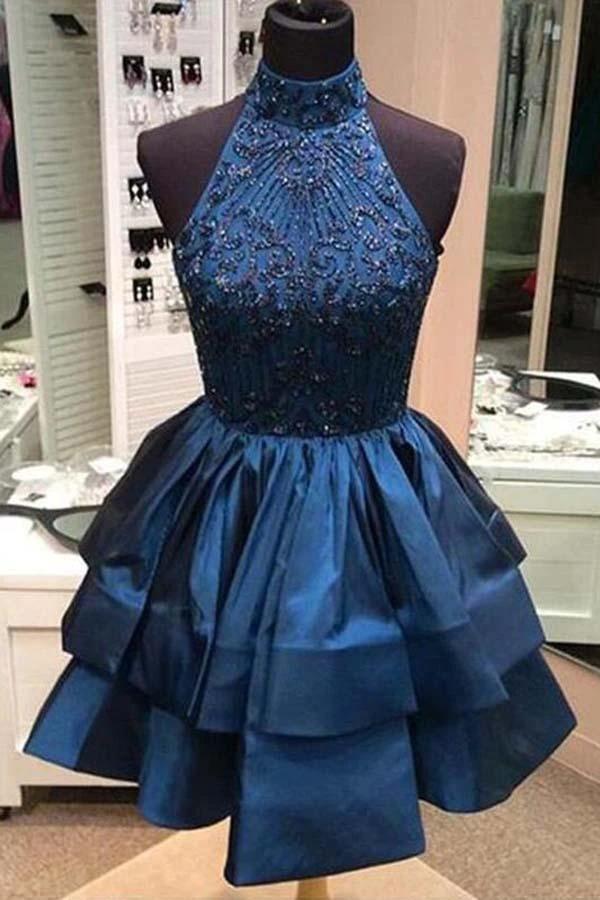 A-line  Beaded Halter Neckline Satin Homecoming Dress Short Prom Dress PG166 - Image 2