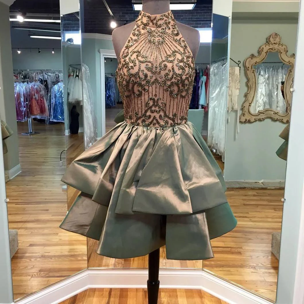 A-line  Beaded Halter Neckline Satin Homecoming Dress Short Prom Dress PG166 - Image 3