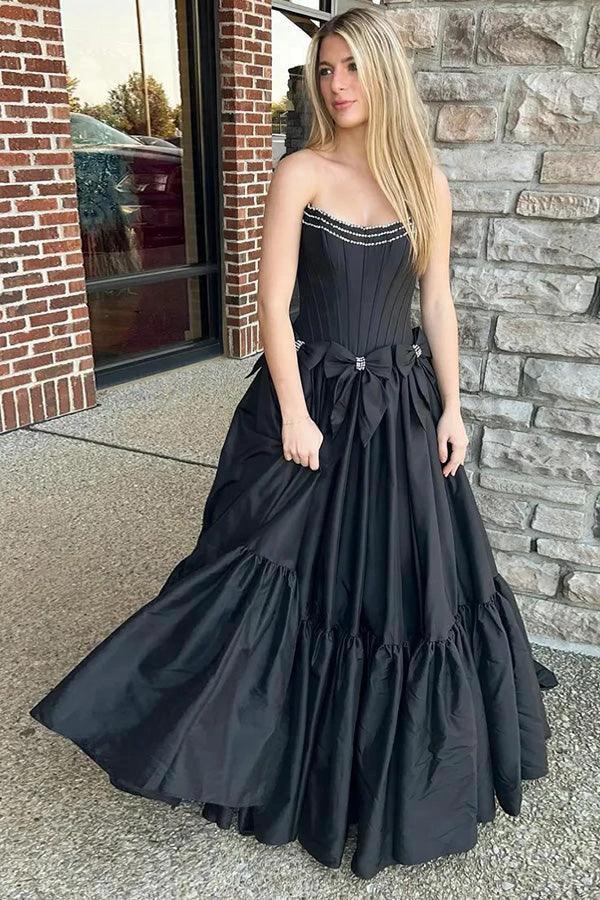 A-Line Beaded Strapless Corset Black Prom Dress with Bows PSK572 - Image 3