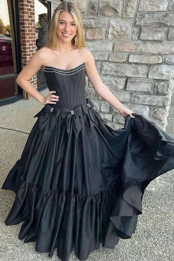 A-Line Beaded Strapless Corset Black Prom Dress with Bows PSK572 - Image 4