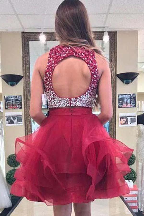 A-line Beaded Top Burgundy Organza Two Piece Homecoming Dresses PD170 - Image 2