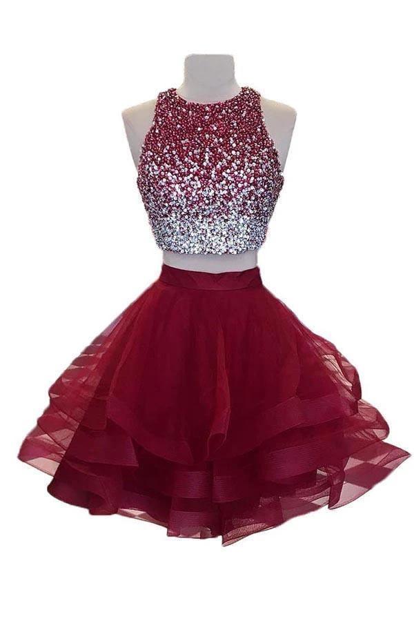 A-line Beaded Top Burgundy Organza Two Piece Homecoming Dresses PD170 - Image 3
