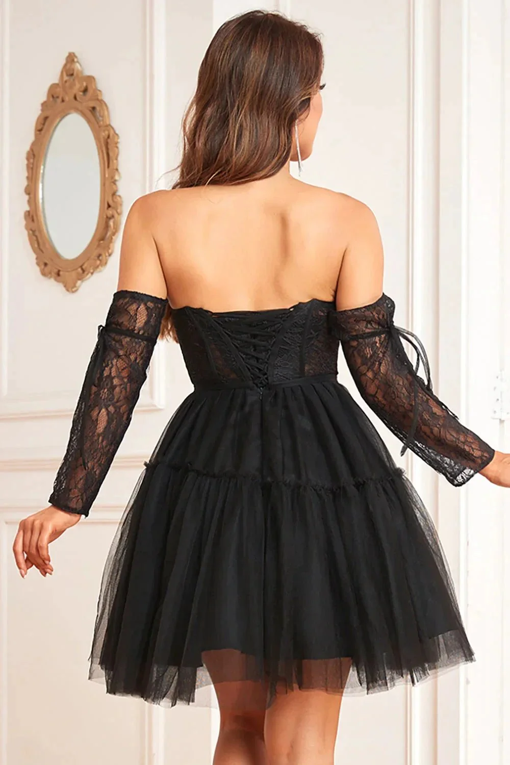 Black A-Line Corset Detachable Long Sleeves Homecoming Dress - Image 2