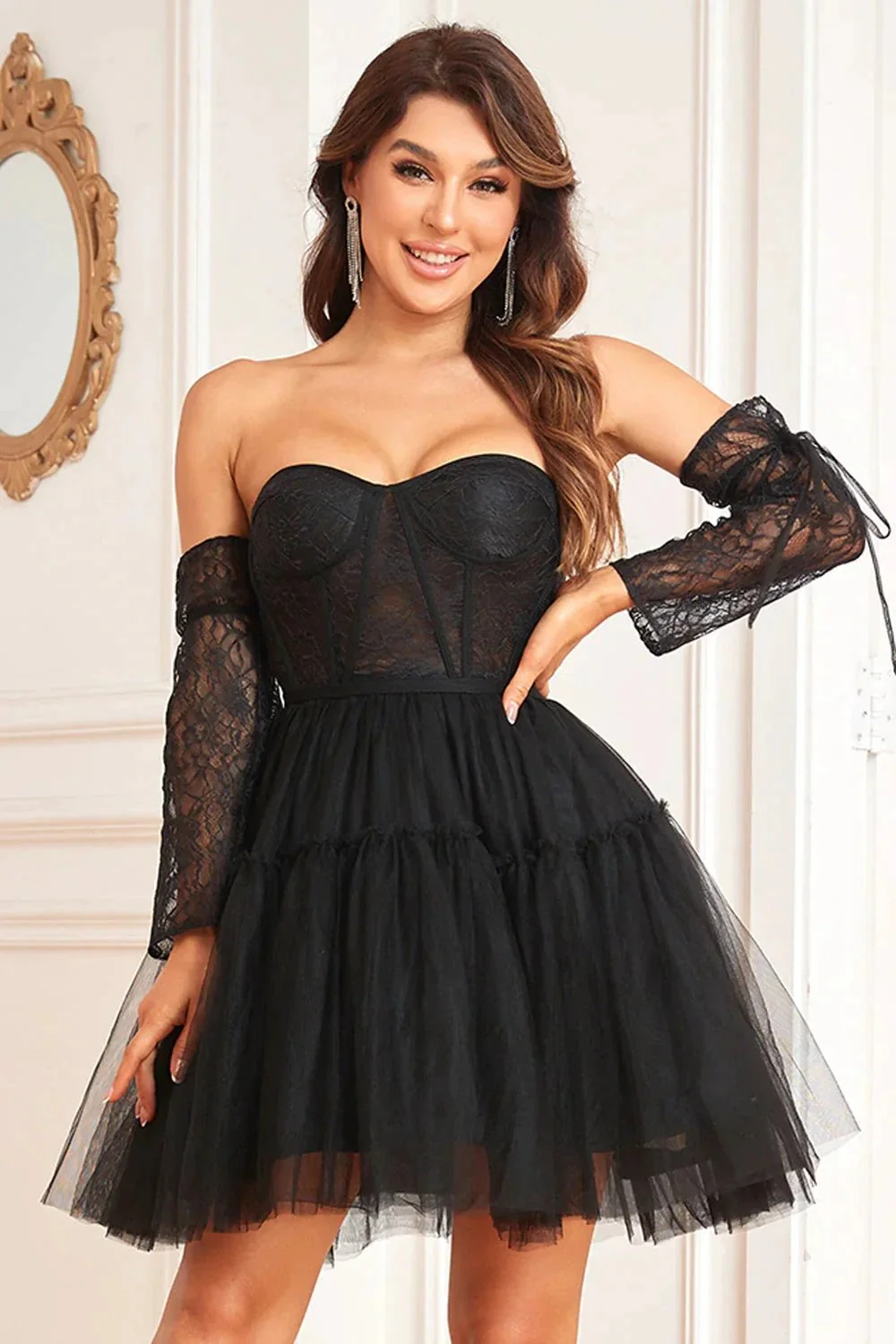 Black A-Line Corset Detachable Long Sleeves Homecoming Dress - Image 5