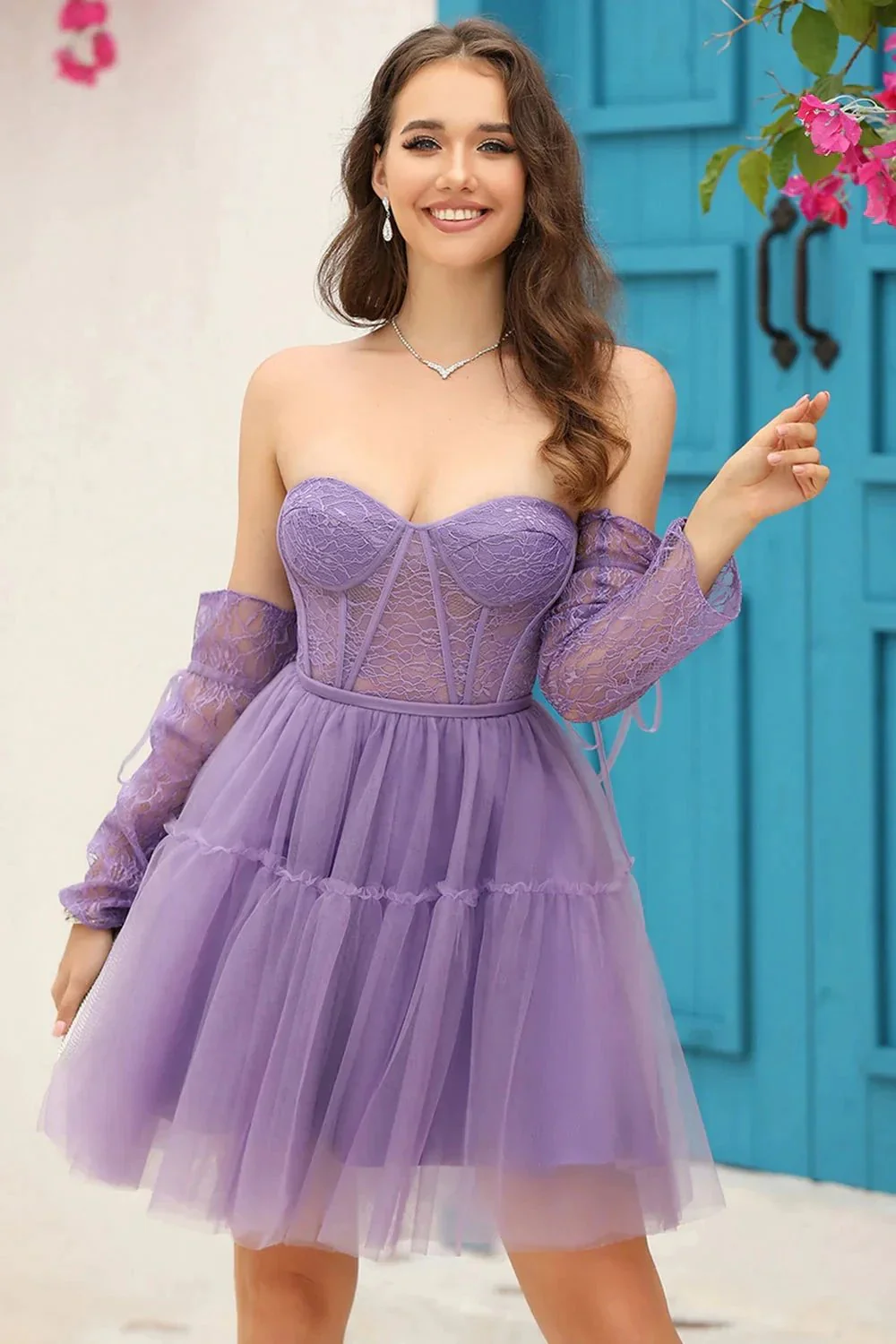 Black A-Line Corset Detachable Long Sleeves Homecoming Dress - Image 8