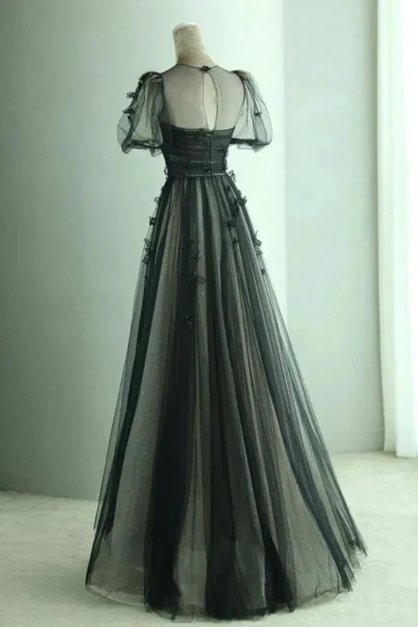 A Line Black Puff Sleeves Tulle Long Prom Dress Black Formal Evening Dress Y7334 - Image 2