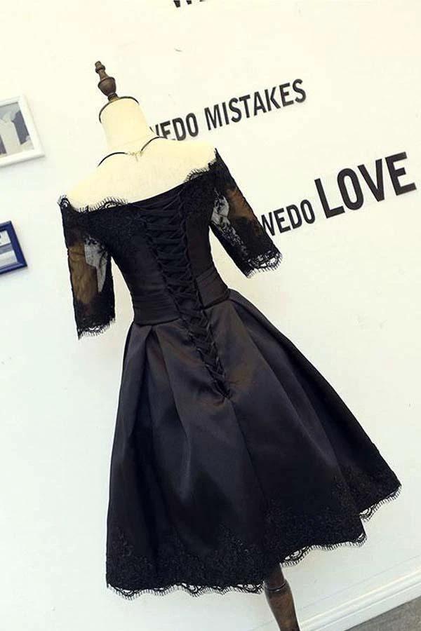 A-line Black Short Sleeves Homecoming Dresses With Lace Applique PD134 - Image 2