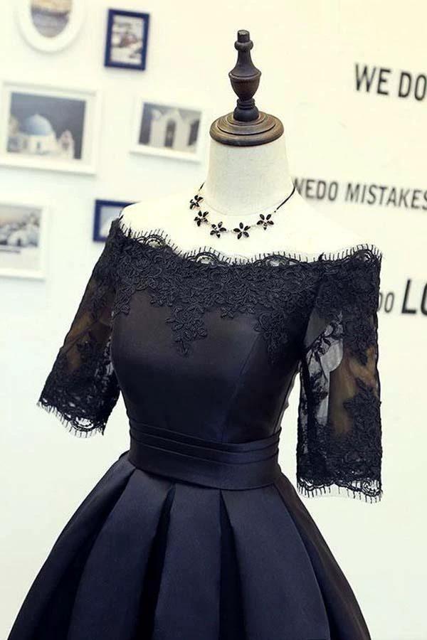 A-line Black Short Sleeves Homecoming Dresses With Lace Applique PD134 - Image 3