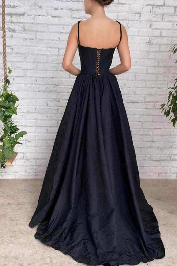 A Line Taffeta Split Black Long Prom Dress With Pockets PSK368 - Image 3