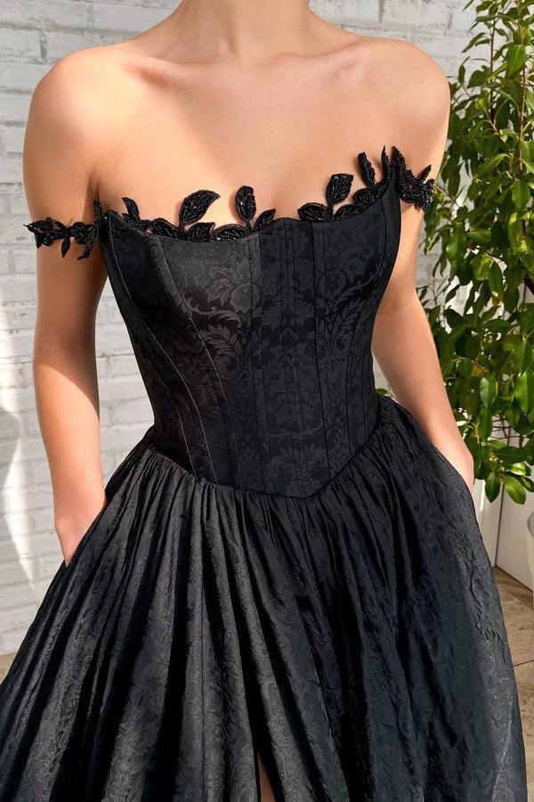 A Line Taffeta Split Black Long Prom Dress With Pockets PSK368 - Image 4