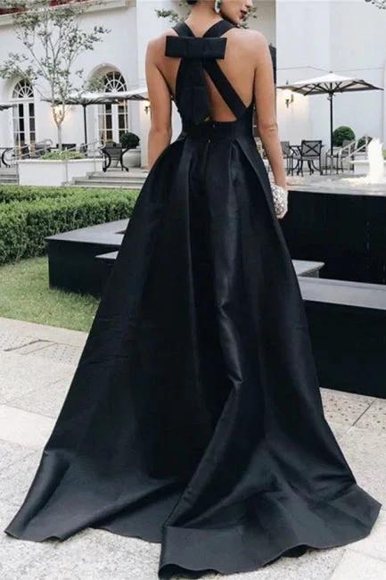 A-Line Black V-Neck Sleeveless A-Line Halt Charming Stain Prom Dresses with Bow - Image 2