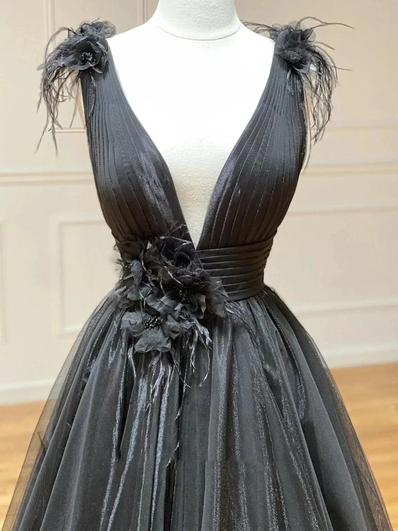 A Line Black V Neck Tulle Long Prom Dress - Image 2
