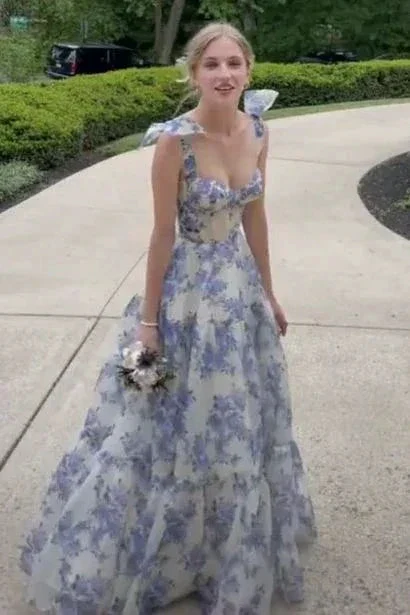 A-line Blue Floral Print Long Prom Dress Blue Evening Dress Y2560 - Image 2