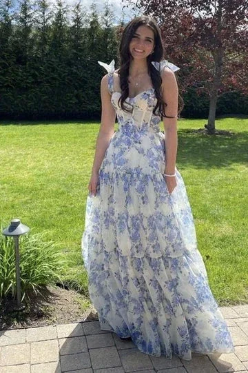 A-line Blue Floral Print Long Prom Dress Blue Evening Dress Y2560 - Image 3