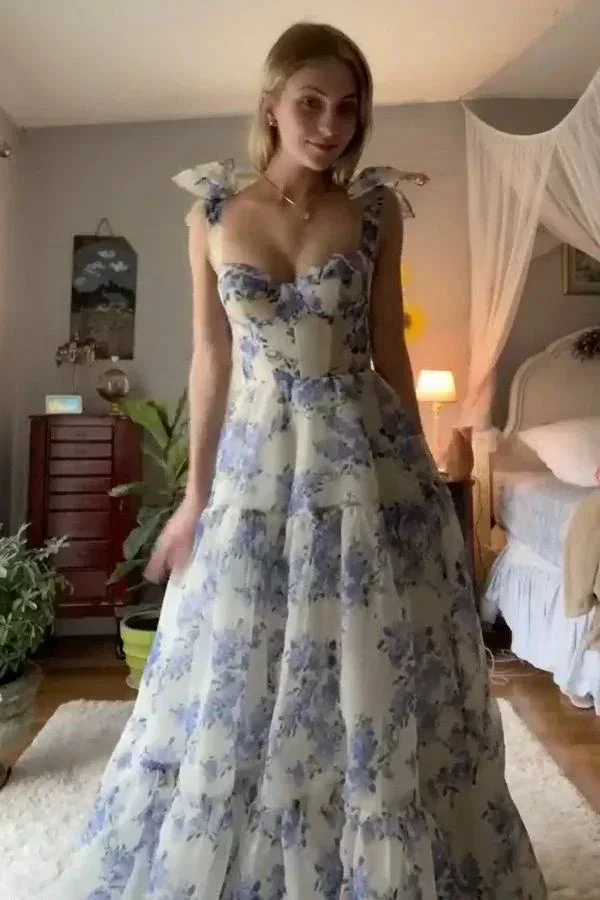 A-line Blue Floral Print Long Prom Dress Blue Evening Dress Y2560 - Image 4