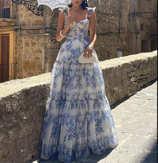 A-line Blue Floral Print Long Prom Dress Blue Evening Dress Y2560 - Image 6