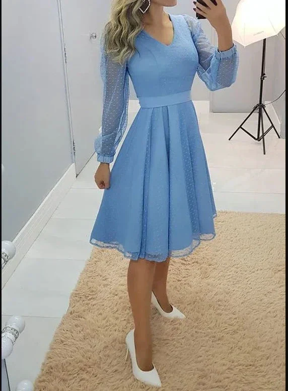 A-line Blue Long Sleeves Party Dress,Blue Homecoming Dress Y6045 - Image 2