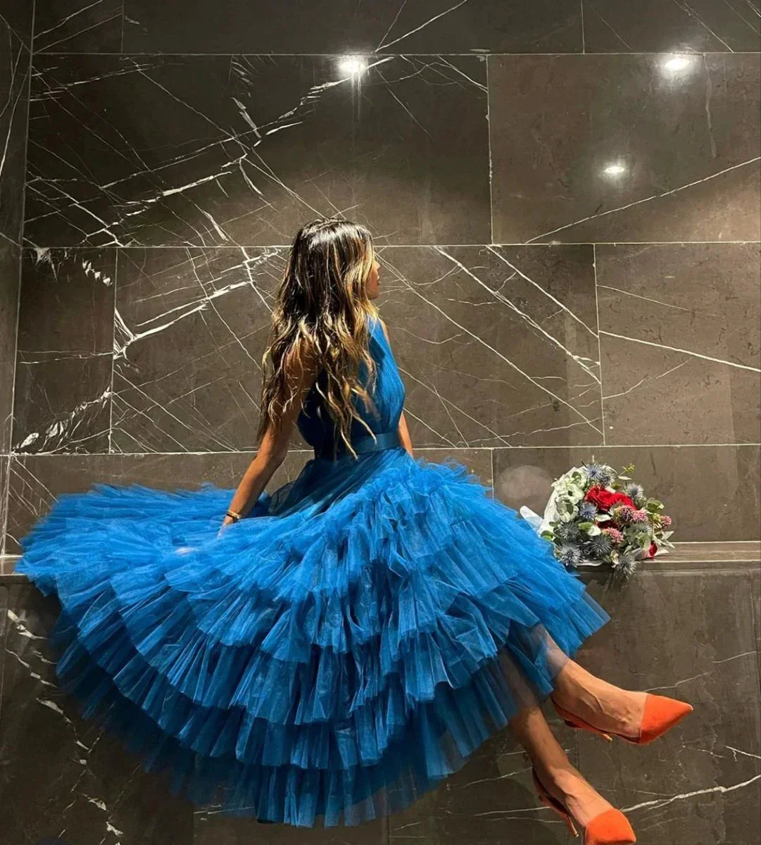 A-line Blue Tulle Sleeveless Evening Dress Y3097 - Image 2
