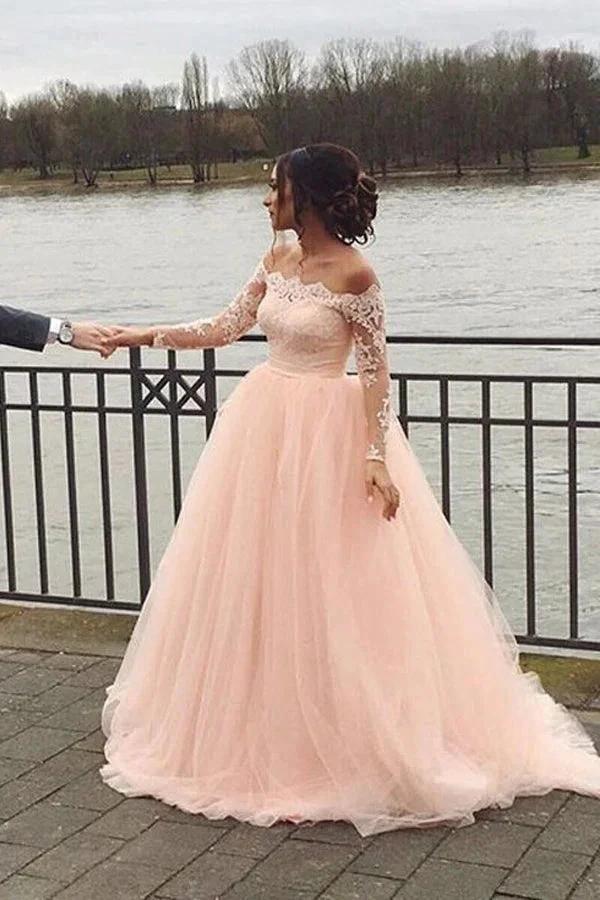 A-line Blush Pink Off Shoulder Long Sleeves Wedding Dress WD688 - Image 2