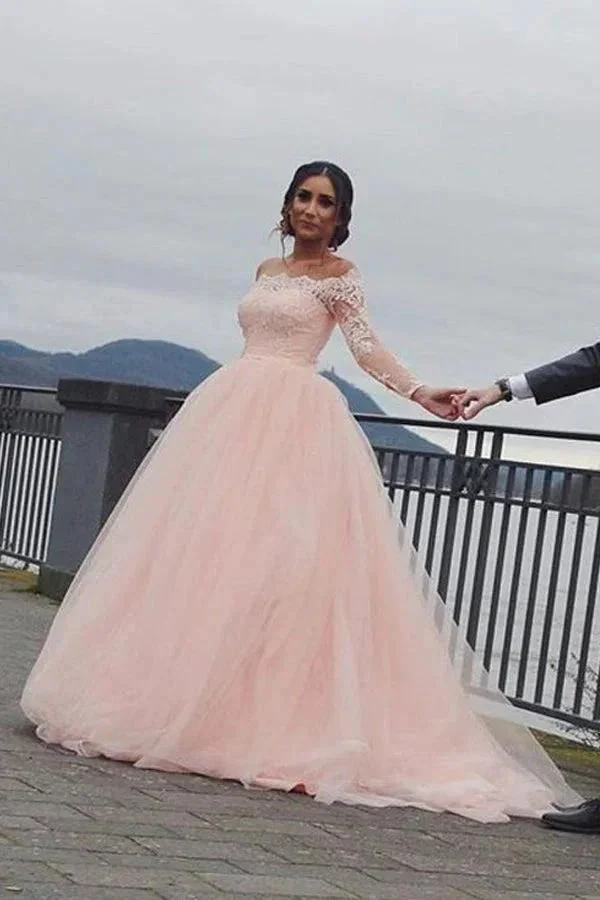 A-line Blush Pink Off Shoulder Long Sleeves Wedding Dress WD688 - Image 3
