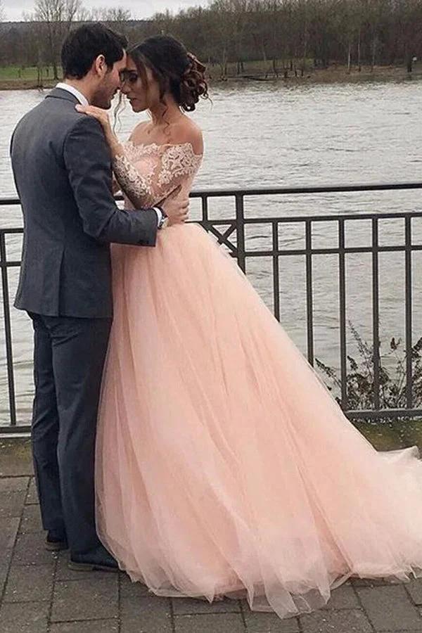 A-line Blush Pink Off Shoulder Long Sleeves Wedding Dress WD688 - Image 4