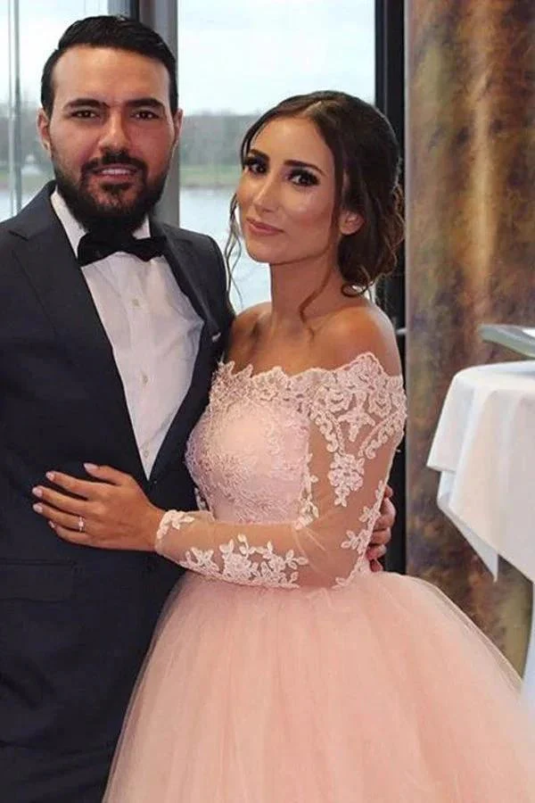 A-line Blush Pink Off Shoulder Long Sleeves Wedding Dress WD688 - Image 5