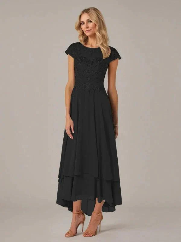 A-line Boat Neck Illusion Asymmetrical Chiffon Lace Mother of the Bride Dress With Applique Pleats - Image 10