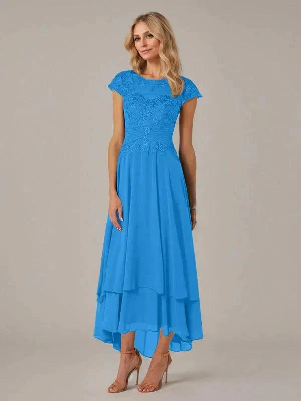 A-line Boat Neck Illusion Asymmetrical Chiffon Lace Mother of the Bride Dress With Applique Pleats - Image 11