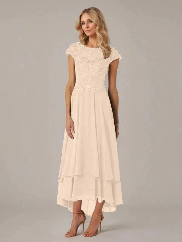 A-line Boat Neck Illusion Asymmetrical Chiffon Lace Mother of the Bride Dress With Applique Pleats - Image 12