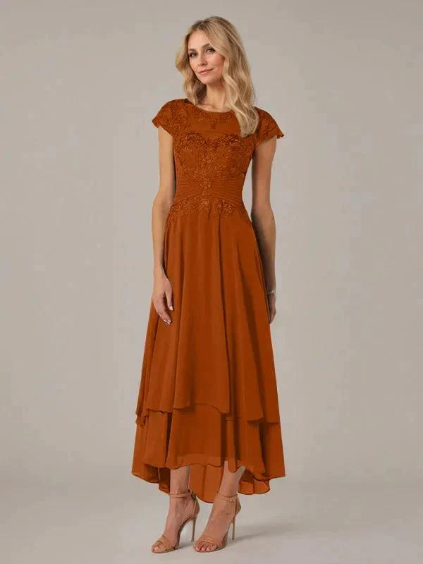 A-line Boat Neck Illusion Asymmetrical Chiffon Lace Mother of the Bride Dress With Applique Pleats - Image 13