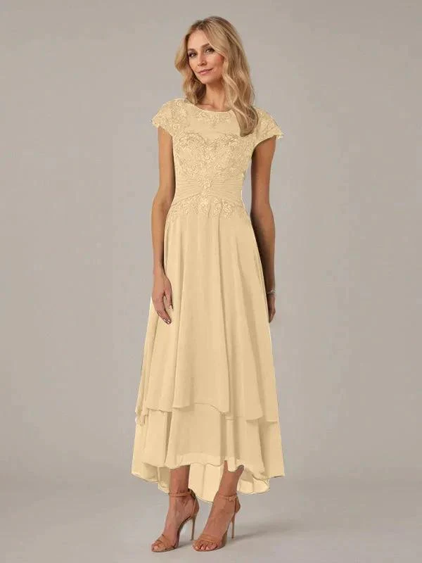 A-line Boat Neck Illusion Asymmetrical Chiffon Lace Mother of the Bride Dress With Applique Pleats - Image 14