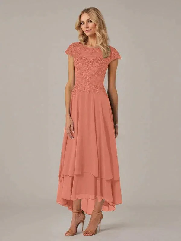 A-line Boat Neck Illusion Asymmetrical Chiffon Lace Mother of the Bride Dress With Applique Pleats - Image 15