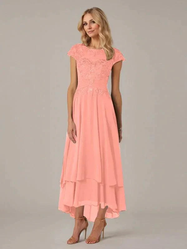 A-line Boat Neck Illusion Asymmetrical Chiffon Lace Mother of the Bride Dress With Applique Pleats - Image 16