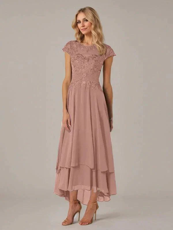 A-line Boat Neck Illusion Asymmetrical Chiffon Lace Mother of the Bride Dress With Applique Pleats - Image 17