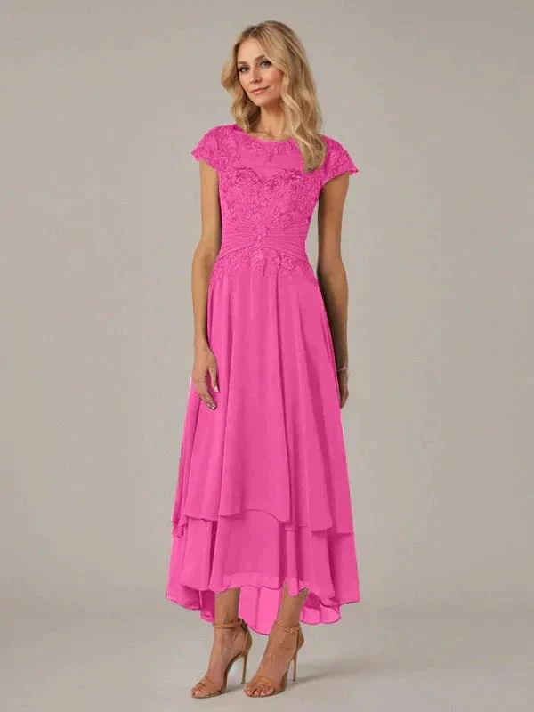 A-line Boat Neck Illusion Asymmetrical Chiffon Lace Mother of the Bride Dress With Applique Pleats - Image 18