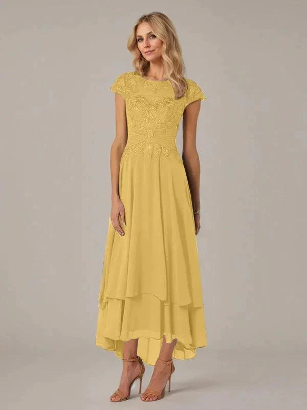 A-line Boat Neck Illusion Asymmetrical Chiffon Lace Mother of the Bride Dress With Applique Pleats - Image 19