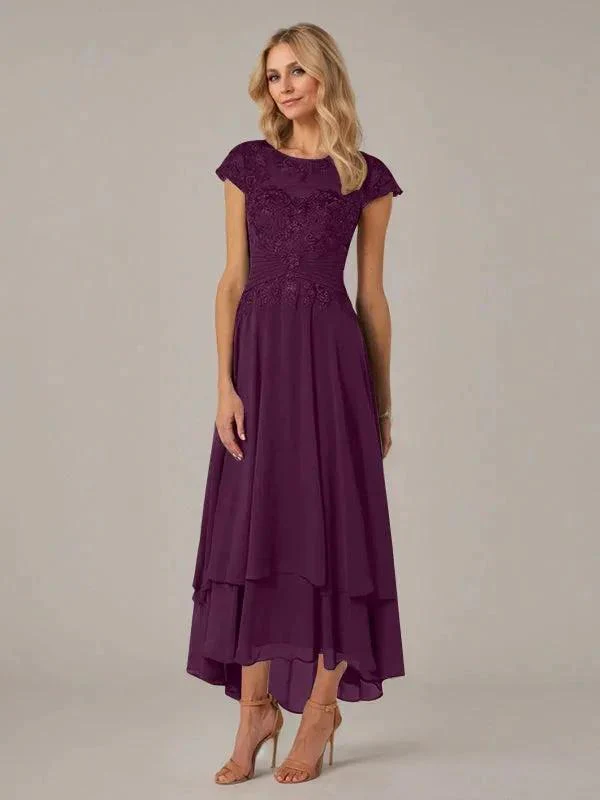 A-line Boat Neck Illusion Asymmetrical Chiffon Lace Mother of the Bride Dress With Applique Pleats - Image 20