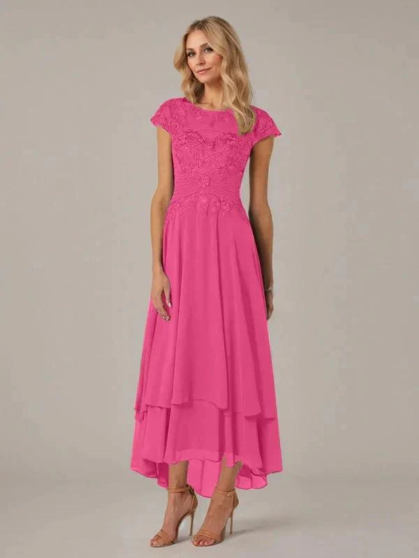 A-line Boat Neck Illusion Asymmetrical Chiffon Lace Mother of the Bride Dress With Applique Pleats - Image 21